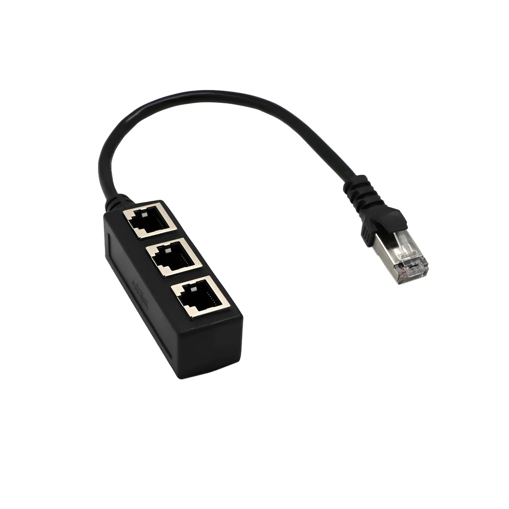 Black RJ45 network splitter adapter with 1 male and 3 female ports