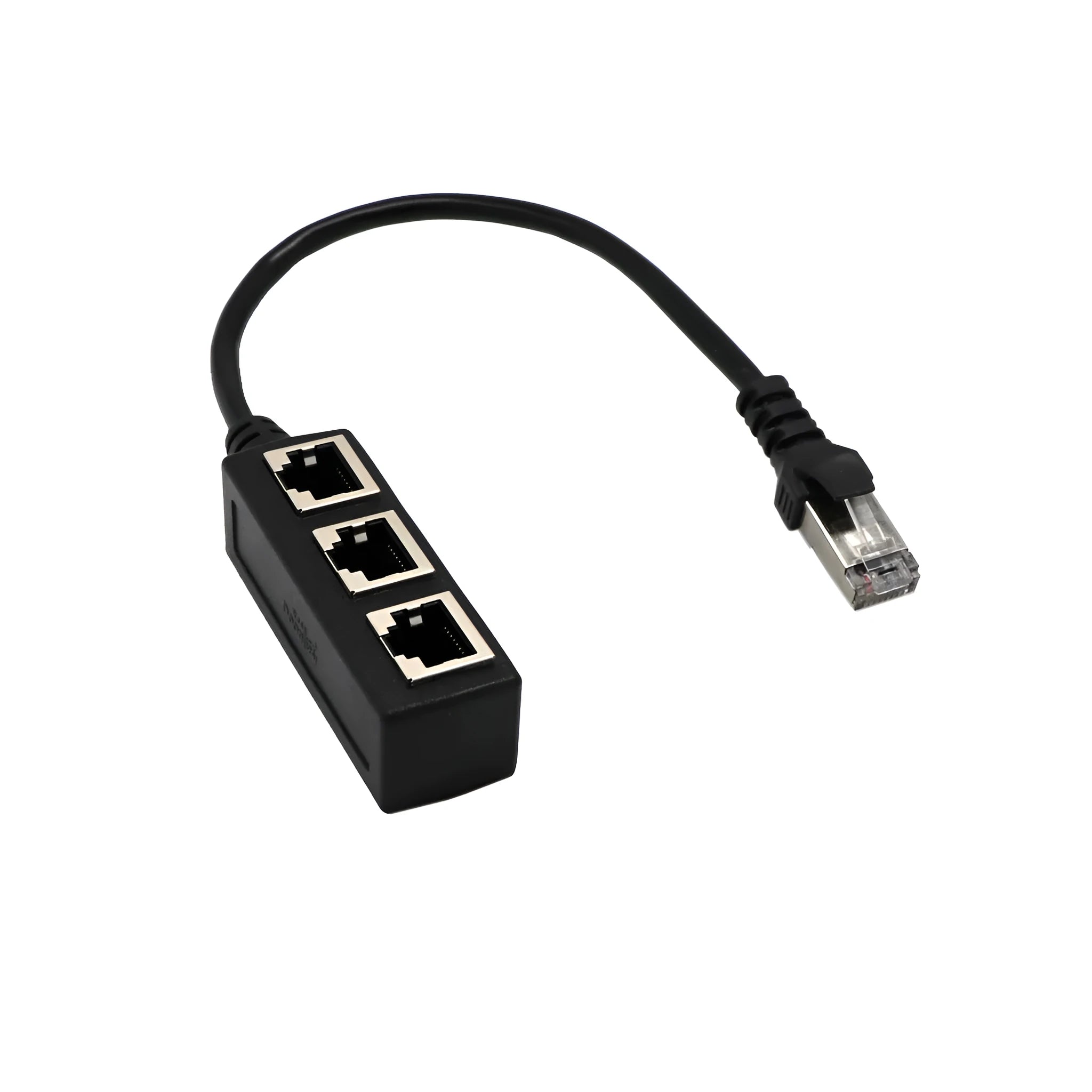 Black RJ45 network splitter adapter with 1 male and 3 female ports