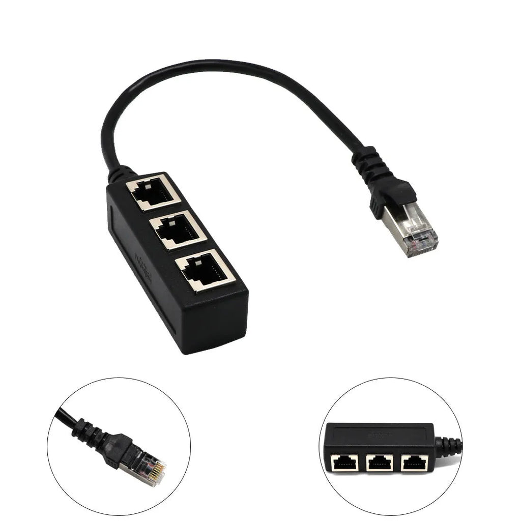 Black RJ45 network splitter adapter with 1 male and 3 female ports