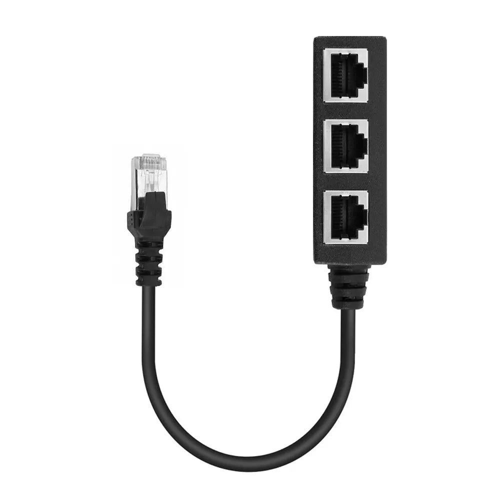 Black RJ45 network splitter adapter with 1 male and 3 female ports