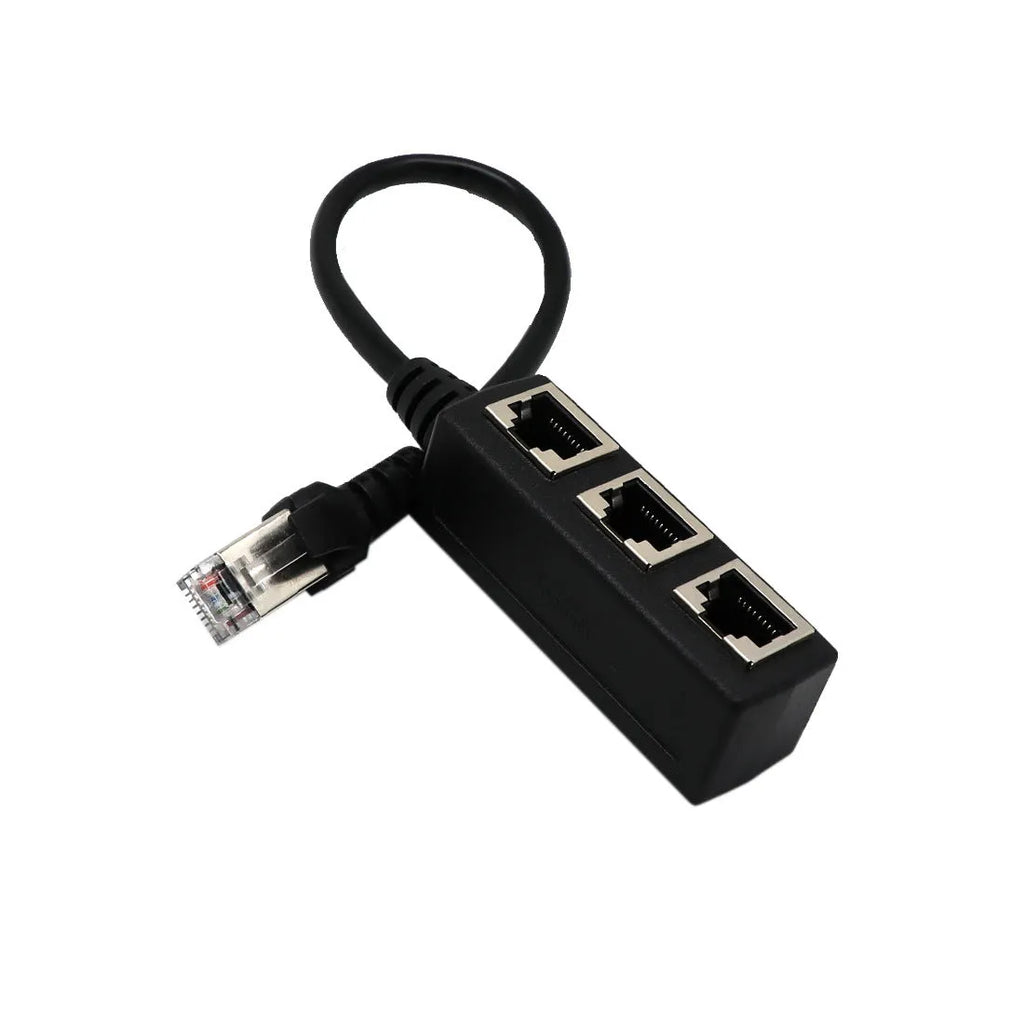 Black RJ45 network splitter adapter with 1 male and 3 female ports