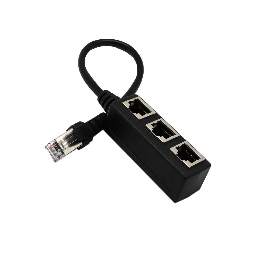 Black RJ45 network splitter adapter with 1 male and 3 female ports