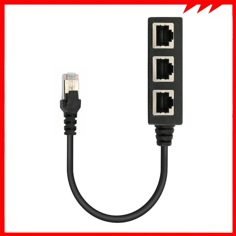 Black RJ45 network splitter adapter with 1 male and 3 female ports