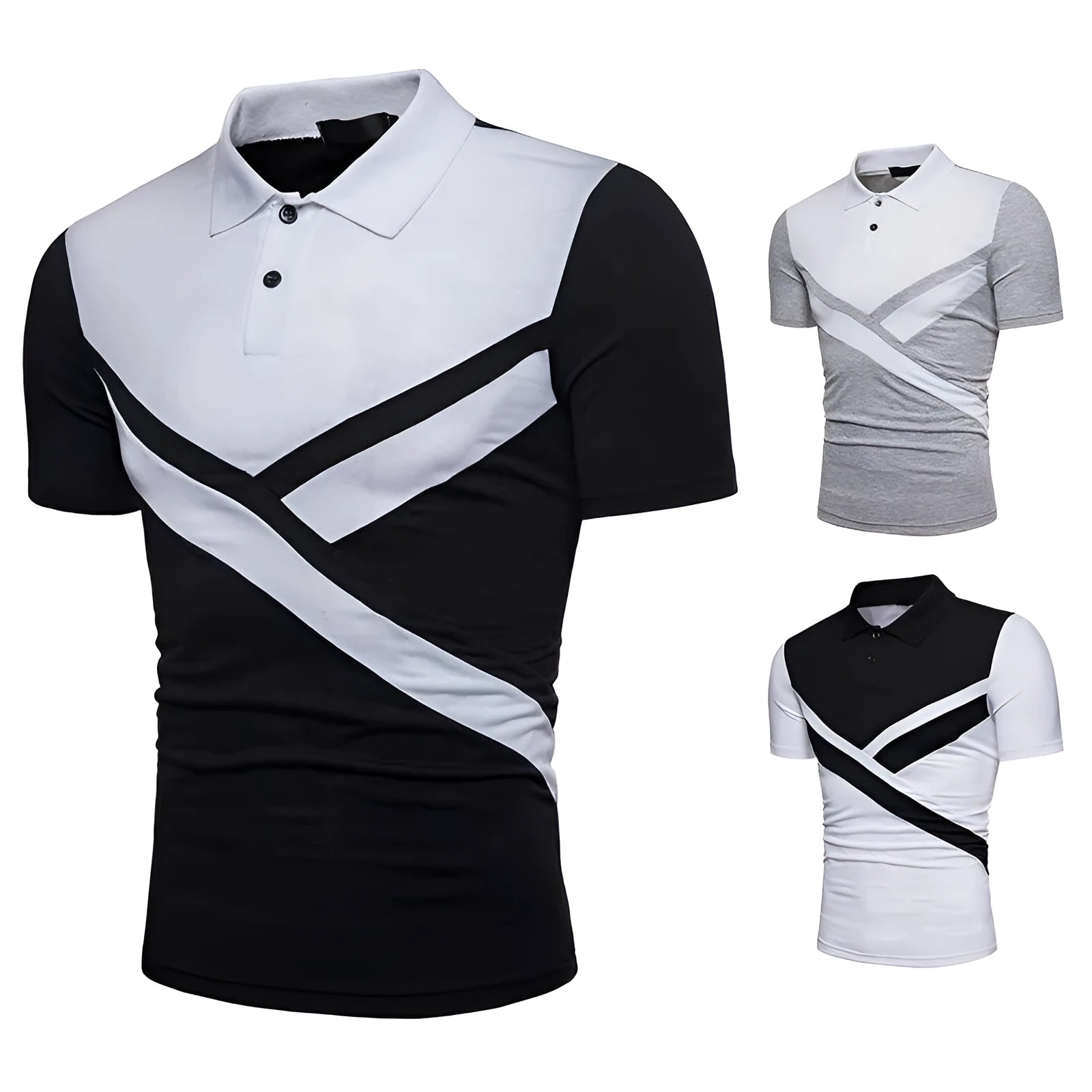 Irregular stitching short-sleeved cotton blend polo shirt with colour splicing