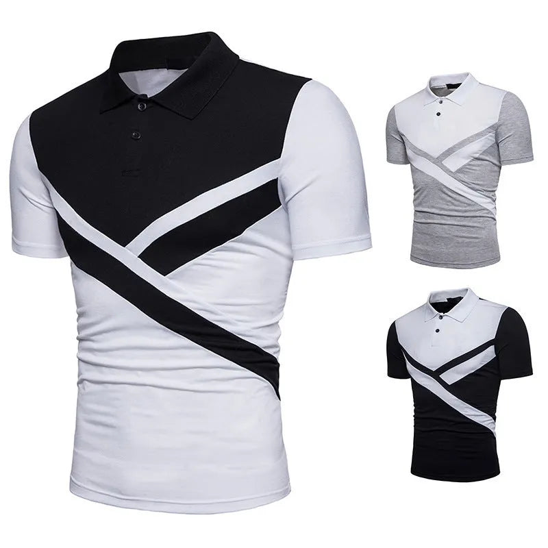 Irregular stitching short-sleeved cotton blend polo shirt with colour splicing