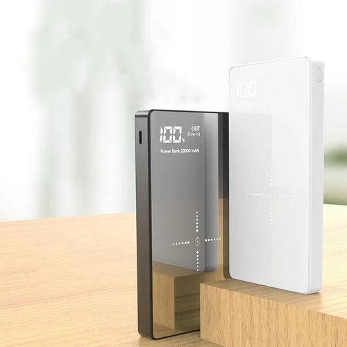 20000 mAh wireless charging power bank with digital display in black or white