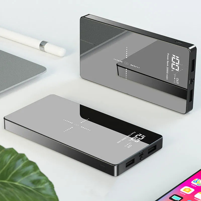 20000 mAh wireless charging power bank with digital display in black or white