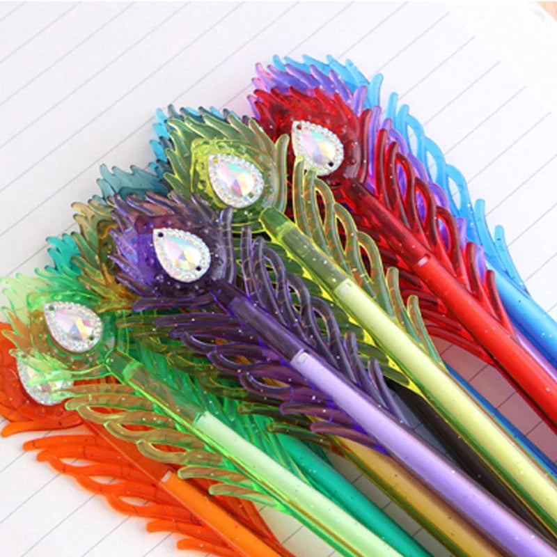 Set of 12 feather peacock colour gel pens and refills for student stationery.