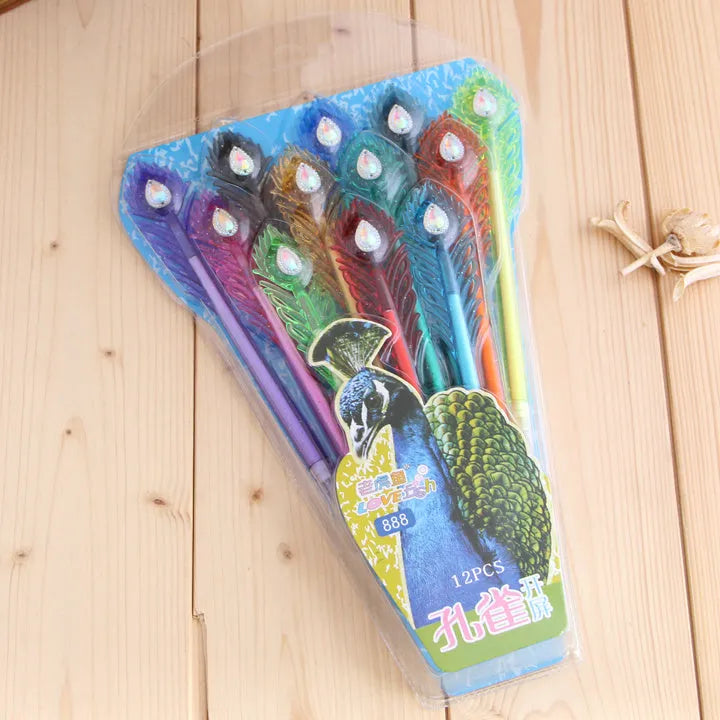 Set of 12 feather peacock colour gel pens and refills for student stationery.
