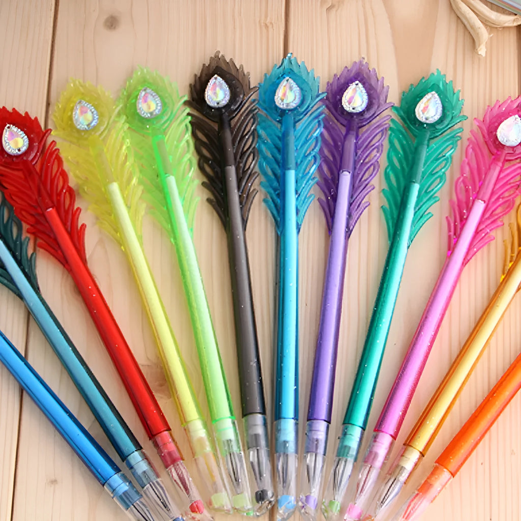 Set of 12 feather peacock colour gel pens and refills for student stationery.