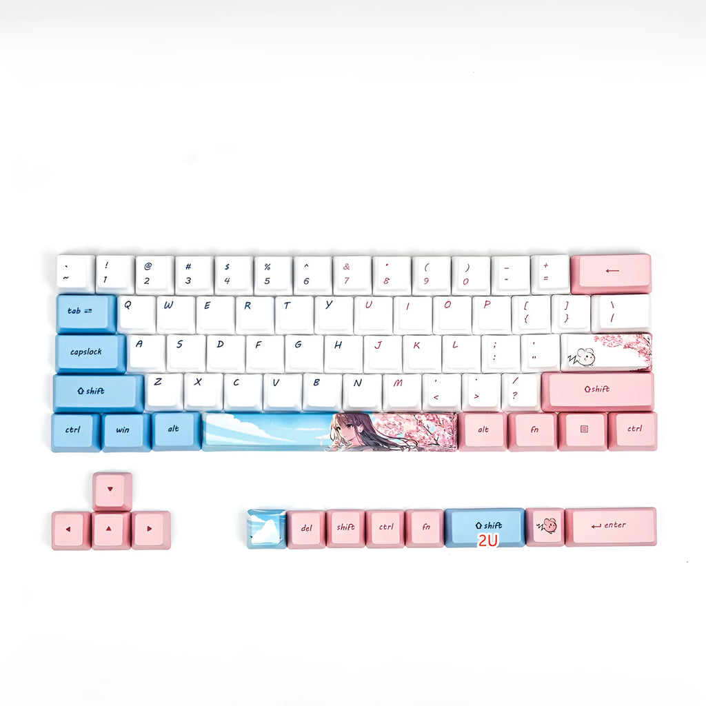 Pink PBT sublimation keycaps with cartoon cherry blossom design for GK61 mechanical keyboard