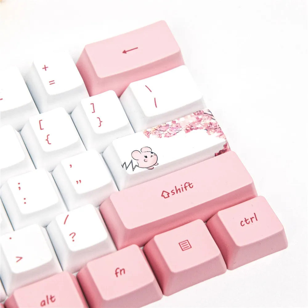 Pink PBT sublimation keycaps with cartoon cherry blossom design for GK61 mechanical keyboard