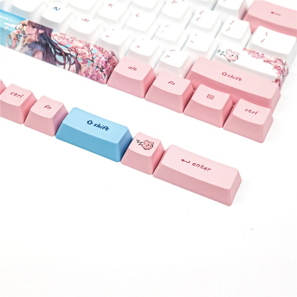 Pink PBT sublimation keycaps with cartoon cherry blossom design for GK61 mechanical keyboard