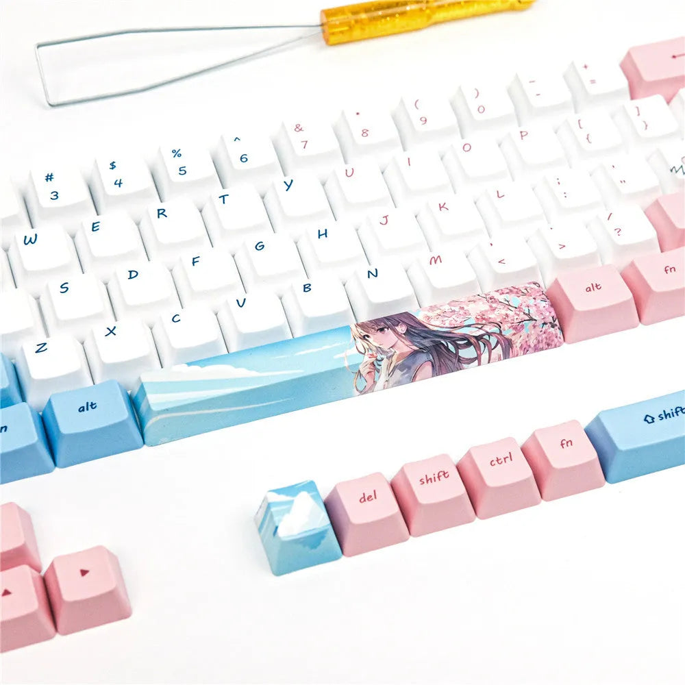 Pink PBT sublimation keycaps with cartoon cherry blossom design for GK61 mechanical keyboard