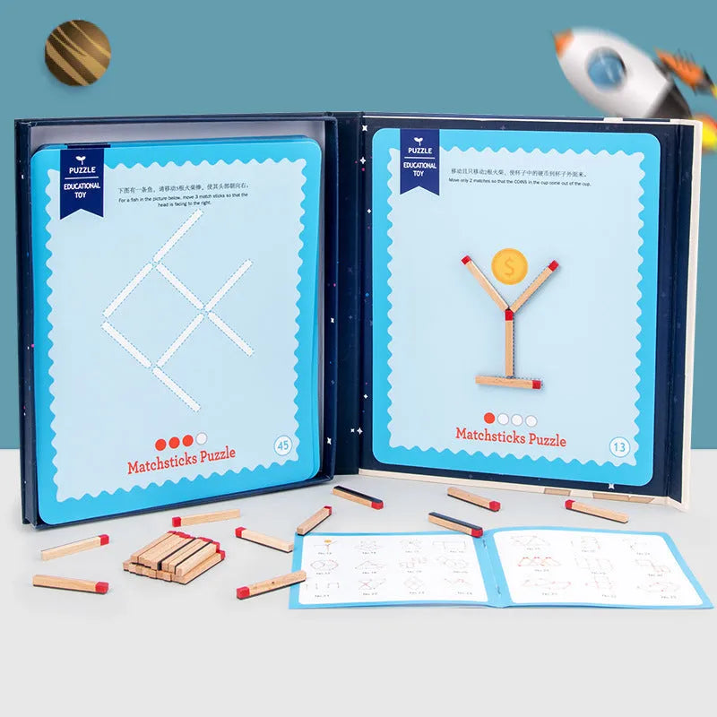 Montessori wooden educational toy with matchsticks and question cards for children's emotional development