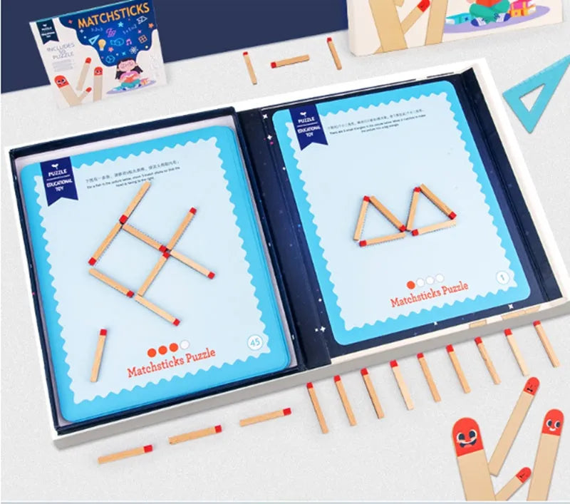 Montessori wooden educational toy with matchsticks and question cards for children's emotional development