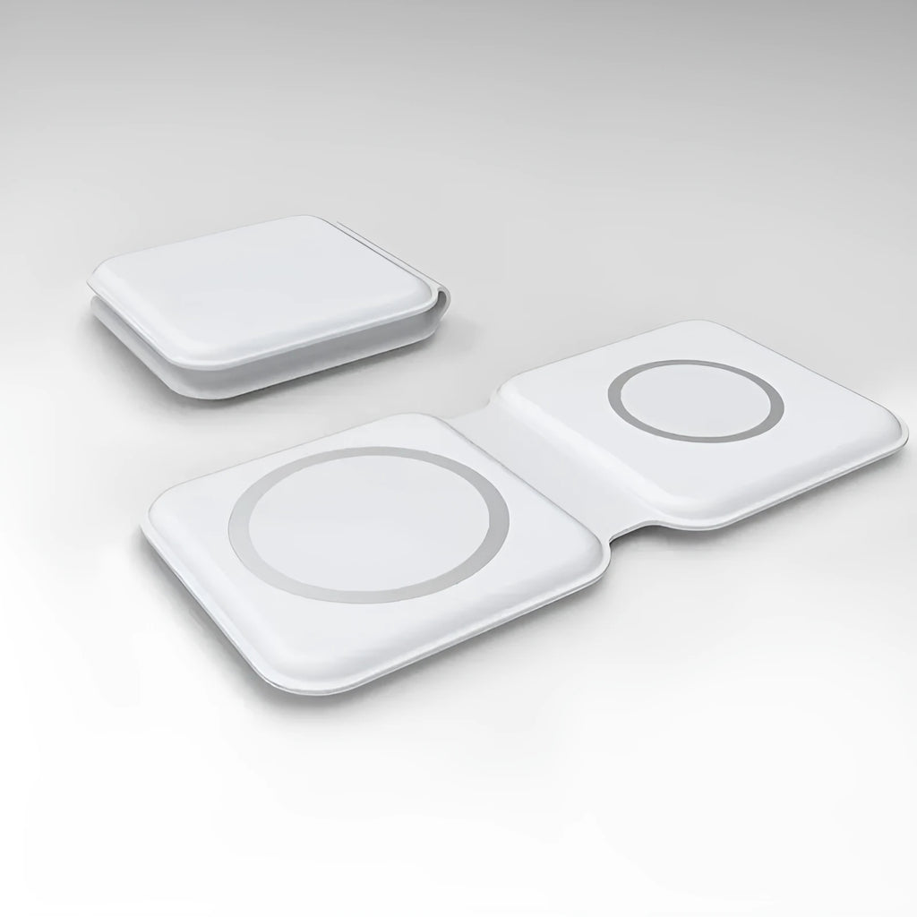 White magnetic wireless charging dock folded into a stand, charging a smartphone.