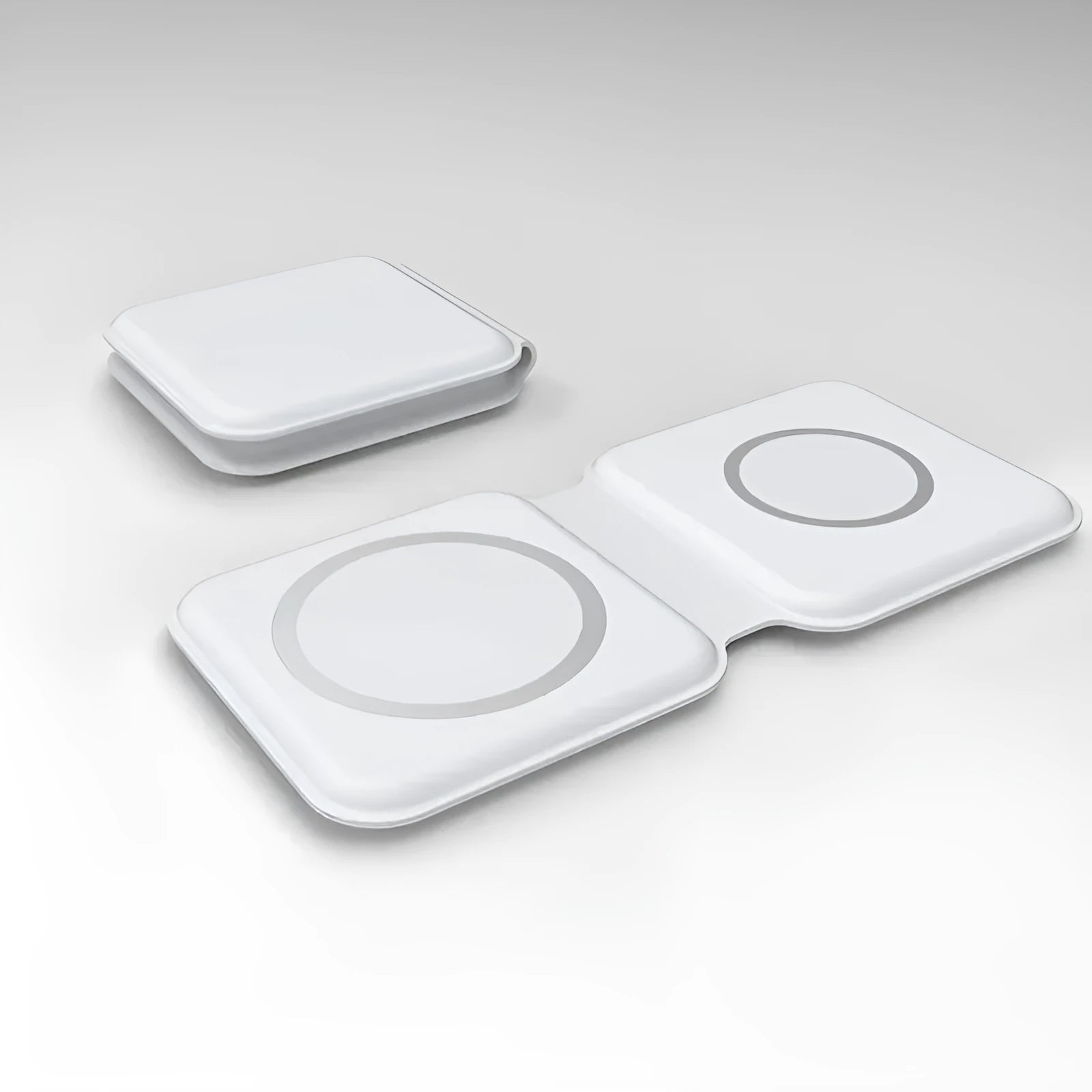 White magnetic wireless charging dock folded into a stand, charging a smartphone.