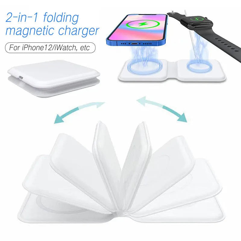 White magnetic wireless charging dock folded into a stand, charging a smartphone.