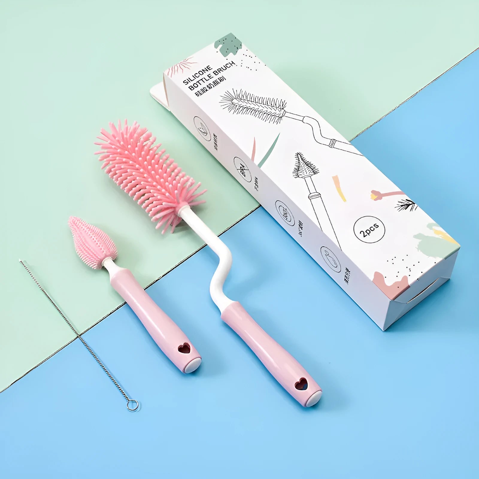 Silicone baby bottle brush set with three brushes including straw cleaner in blue pink yellow colours
