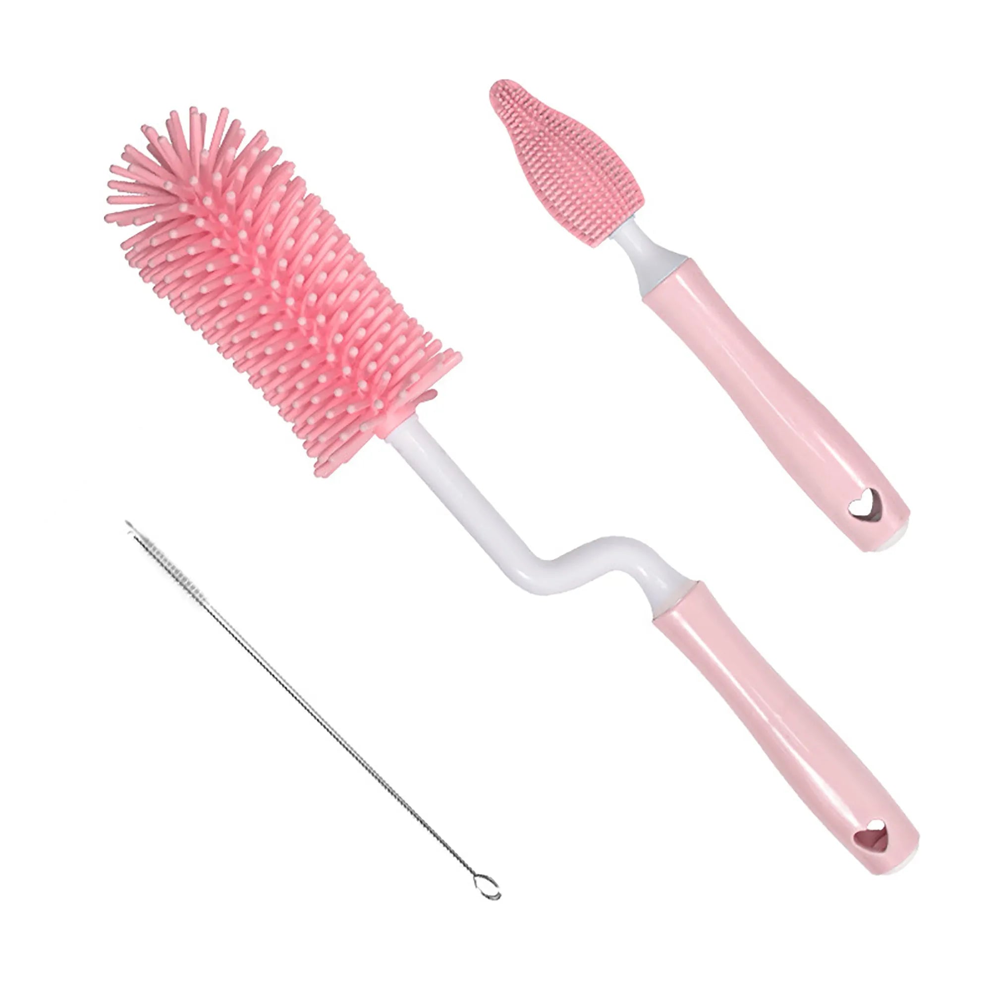 Silicone baby bottle brush set with three brushes including straw cleaner in blue pink yellow colours