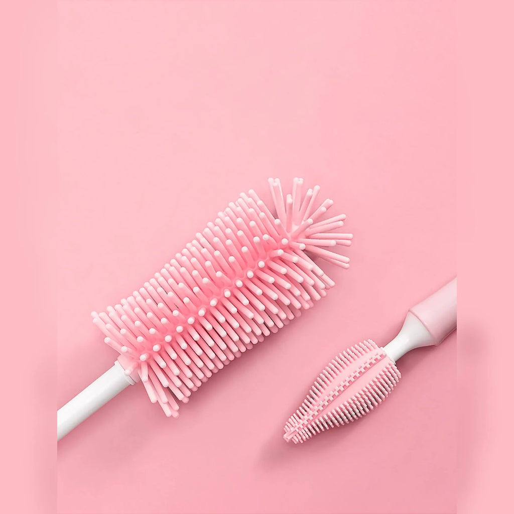 Silicone baby bottle brush set with three brushes including straw cleaner in blue pink yellow colours