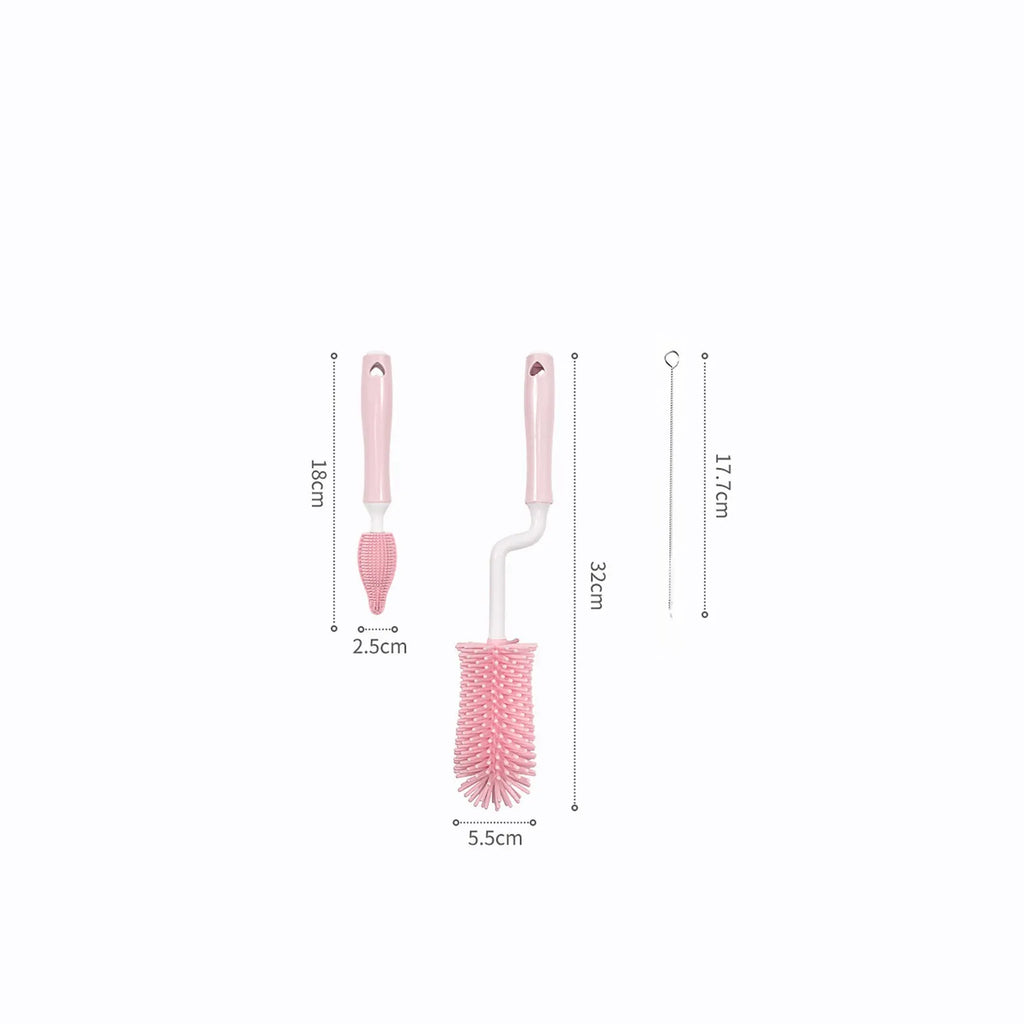 Silicone baby bottle brush set with three brushes including straw cleaner in blue pink yellow colours