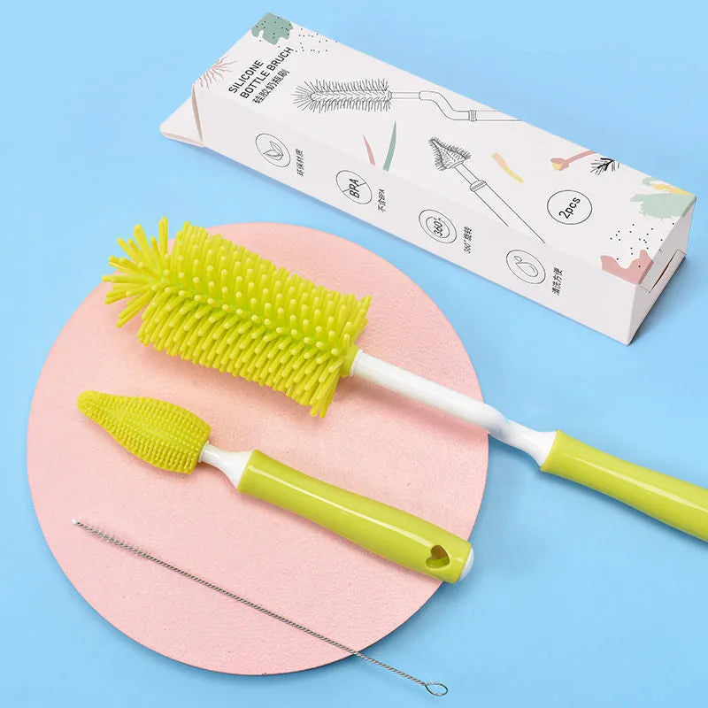 Silicone baby bottle brush set with three brushes including straw cleaner in blue pink yellow colours
