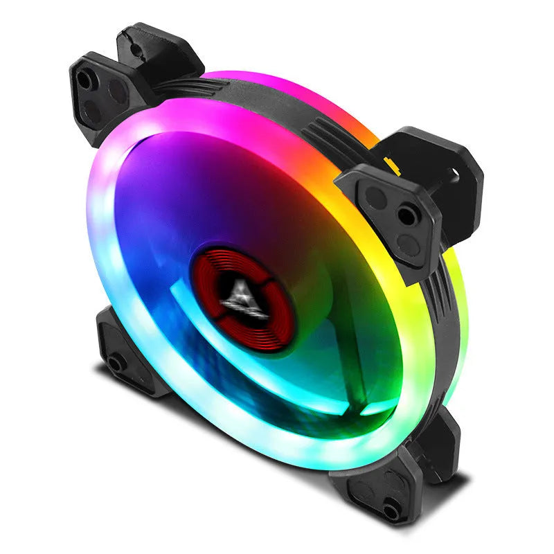 Close-up of a 12cm square PC cooling fan with green camouflage pattern on blades and illuminated RGB LEDs in the hub.