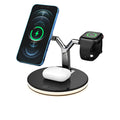 Black three-in-one magnetic wireless charger showing iPhone, AirPods, and Apple Watch charging positions