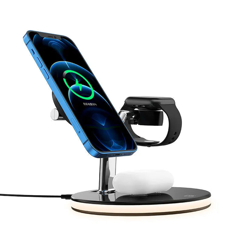 Black three-in-one magnetic wireless charger showing iPhone, AirPods, and Apple Watch charging positions