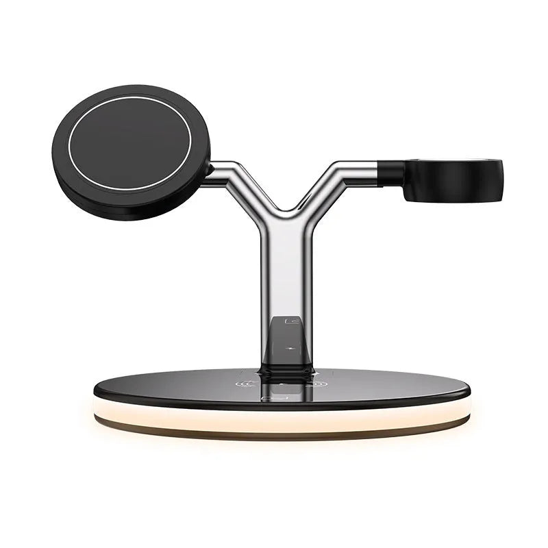 Black three-in-one magnetic wireless charger showing iPhone, AirPods, and Apple Watch charging positions