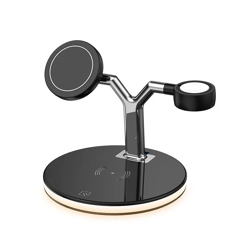 Black three-in-one magnetic wireless charger showing iPhone, AirPods, and Apple Watch charging positions