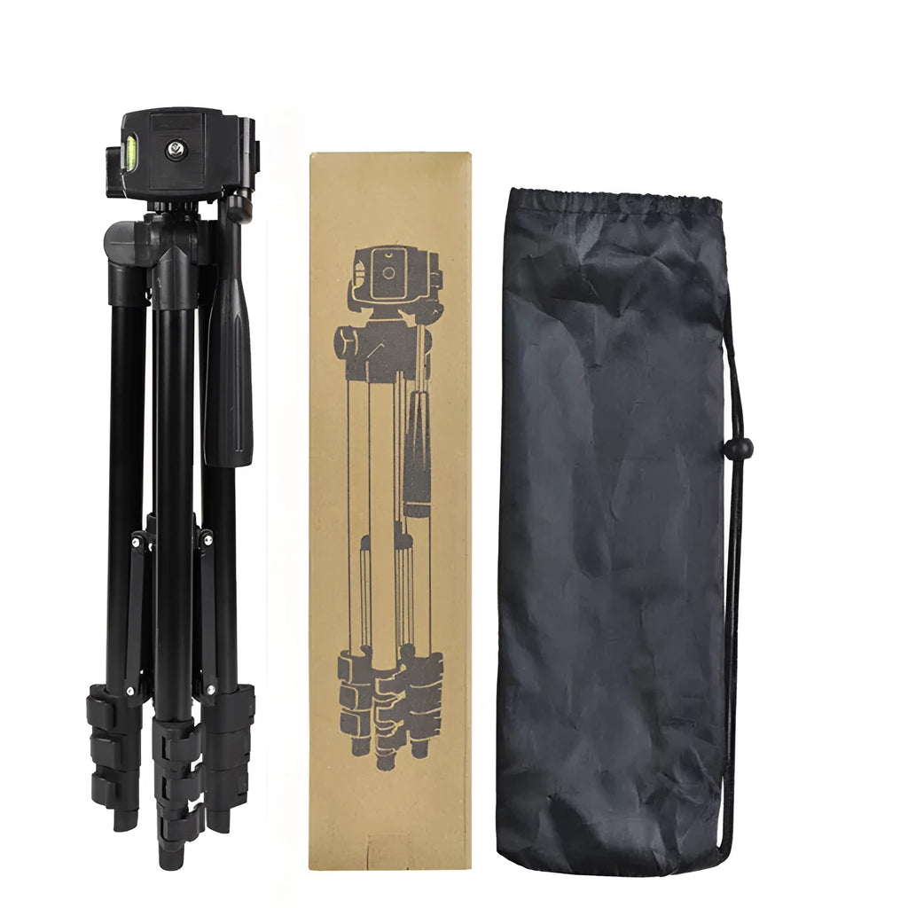 Black aluminium camera tripod with 4-section legs extended, 3D head, and quick-release plate.
