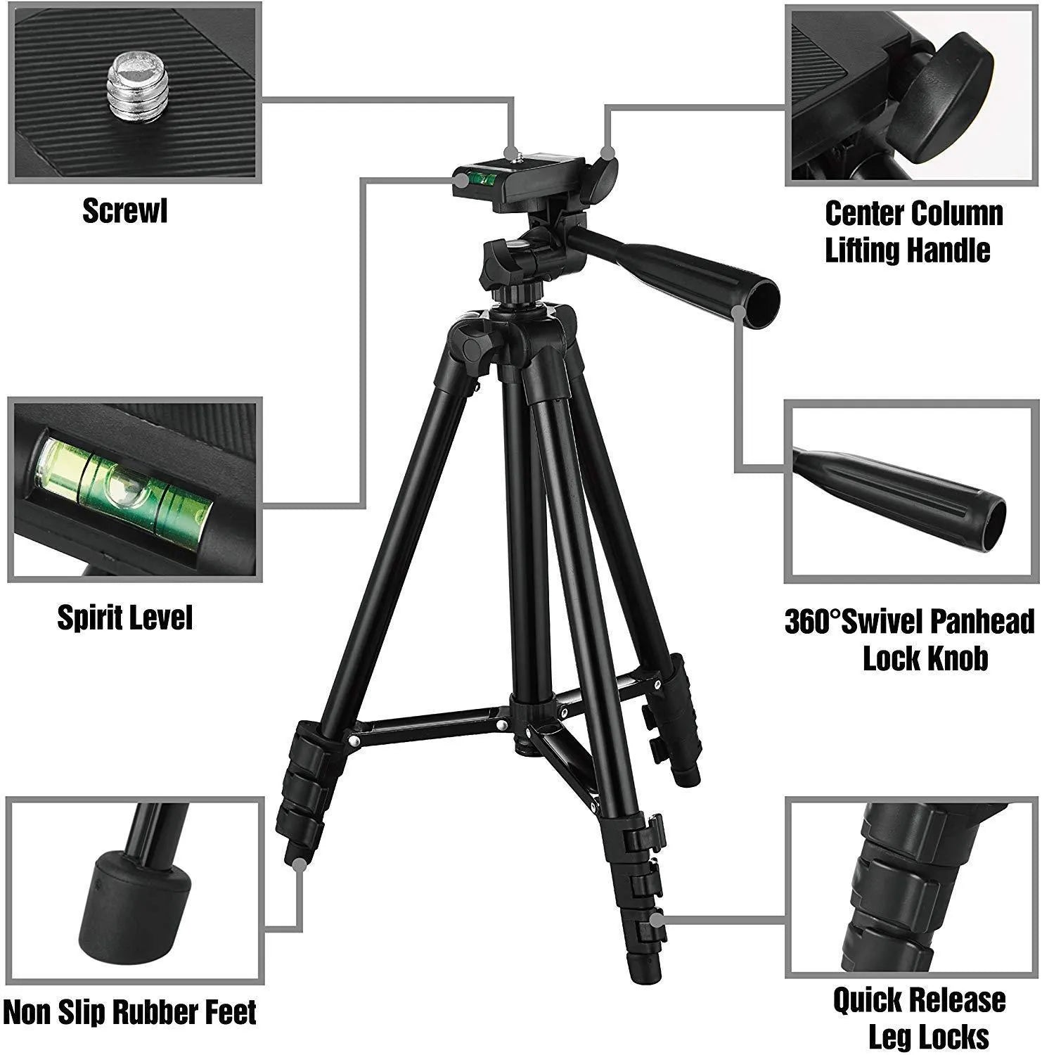 Black aluminium camera tripod with 4-section legs extended, 3D head, and quick-release plate.