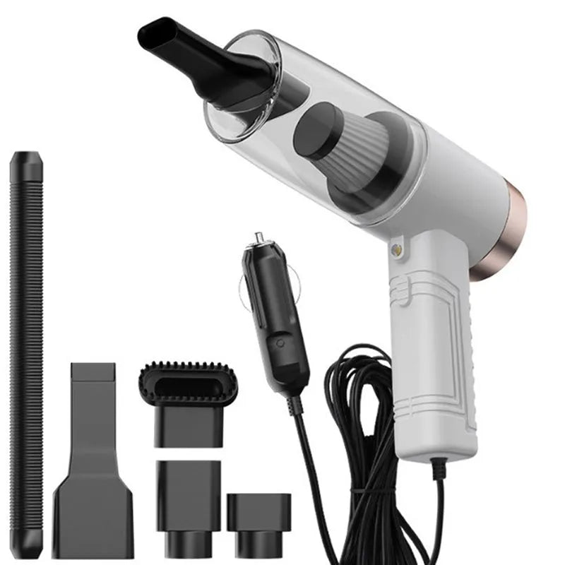 Starry sky black and pearl white car vacuum cleaner with accessories on a 5 metre cable.