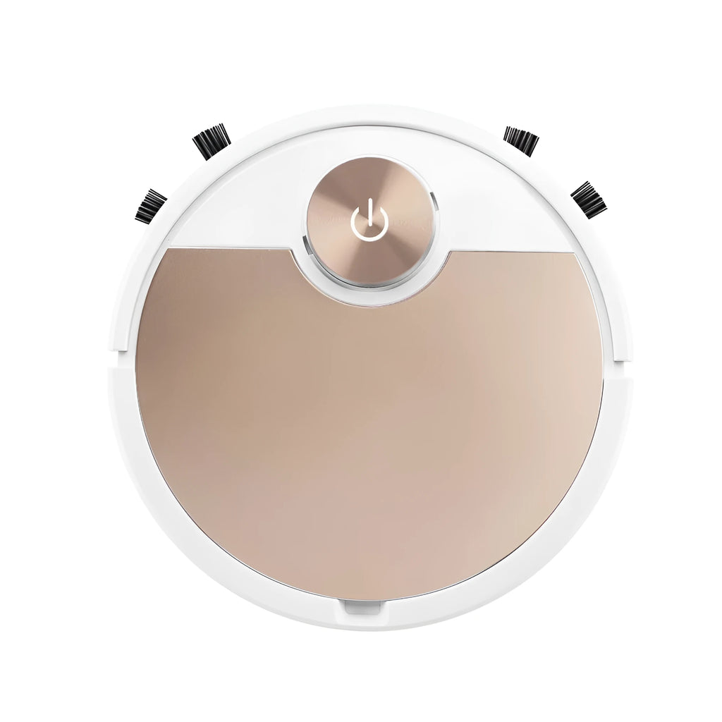 Golden robotic vacuum cleaner with remote control on a home floor