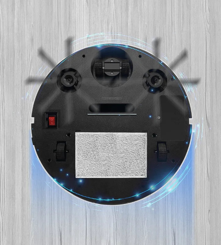 Golden robotic vacuum cleaner with remote control on a home floor