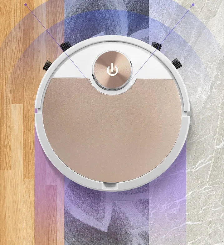 Golden robotic vacuum cleaner with remote control on a home floor