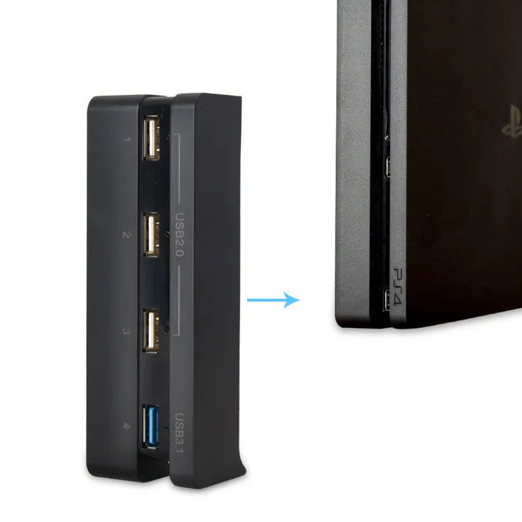 Black PS4 Slim USB hub extender with multiple ports for gaming peripherals