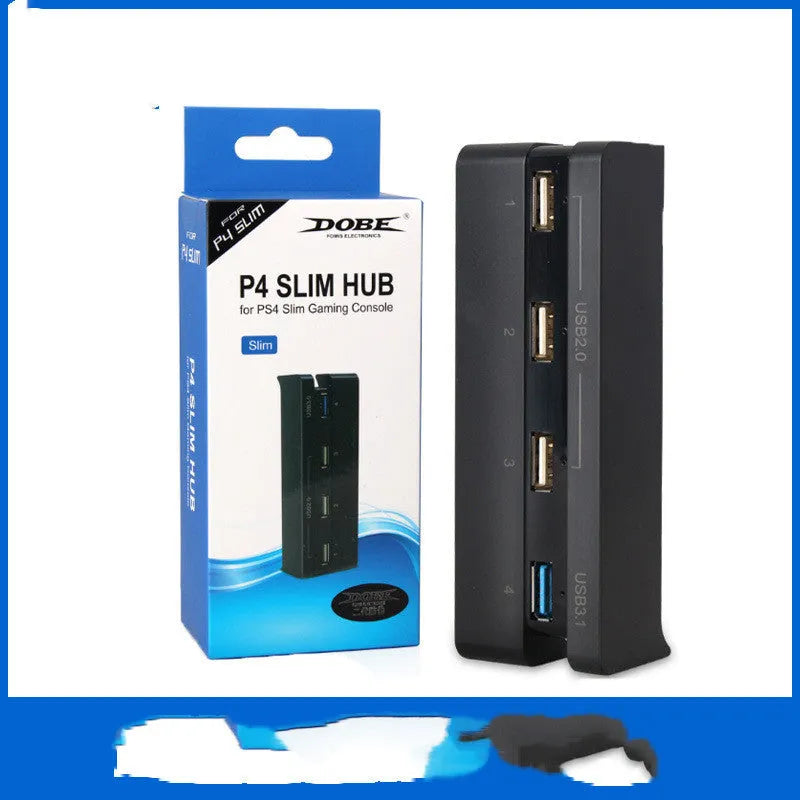 Black PS4 Slim USB hub extender with multiple ports for gaming peripherals