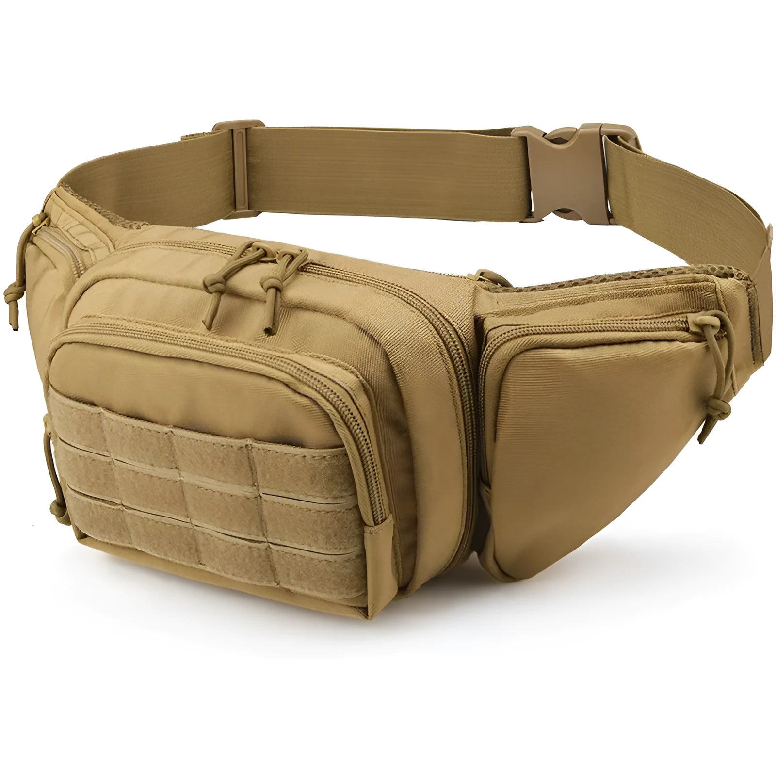 Black tactical waist bag with adjustable straps shown in waist and crossbody carry positions