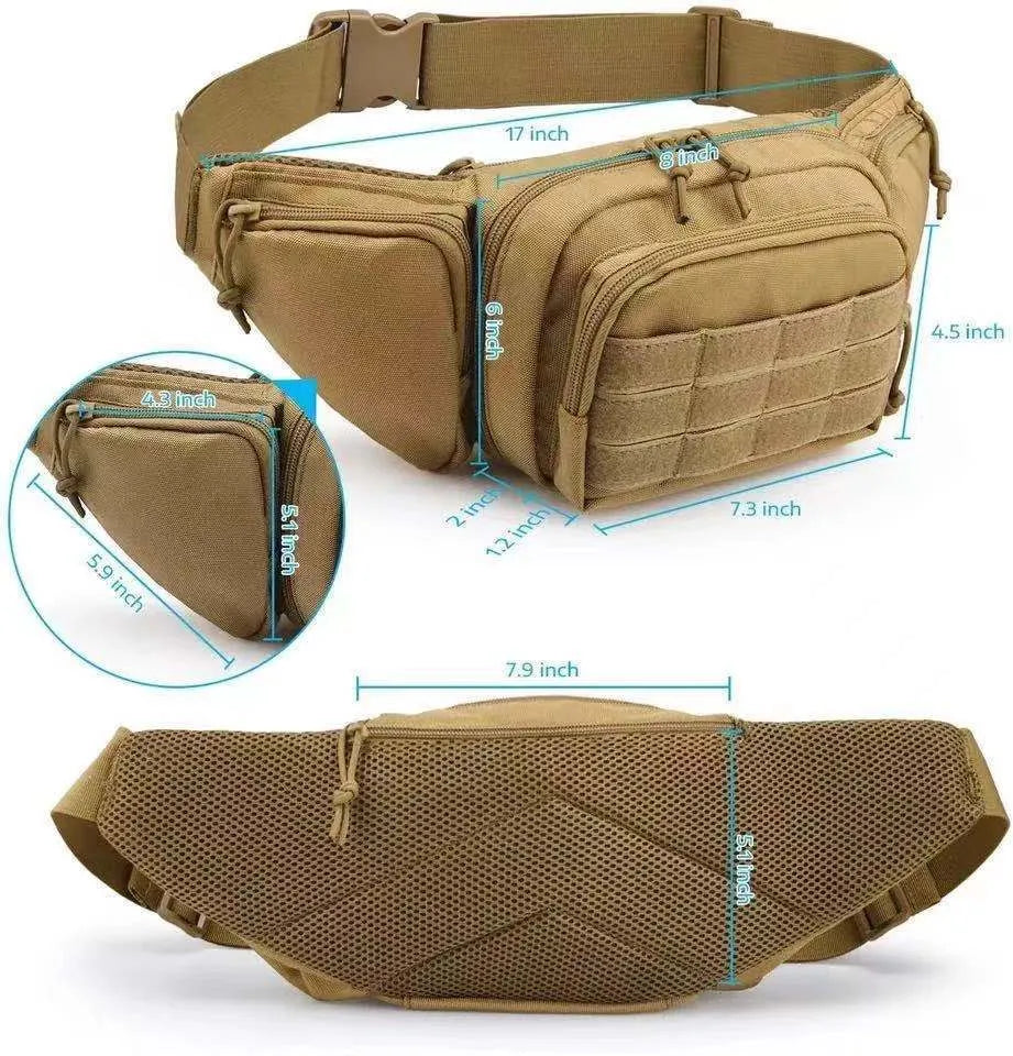 Black tactical waist bag with adjustable straps shown in waist and crossbody carry positions