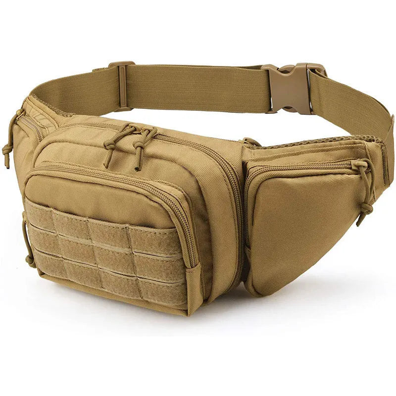 Black tactical waist bag with adjustable straps shown in waist and crossbody carry positions