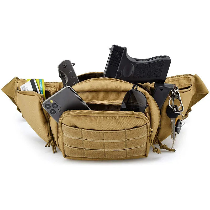 Black tactical waist bag with adjustable straps shown in waist and crossbody carry positions