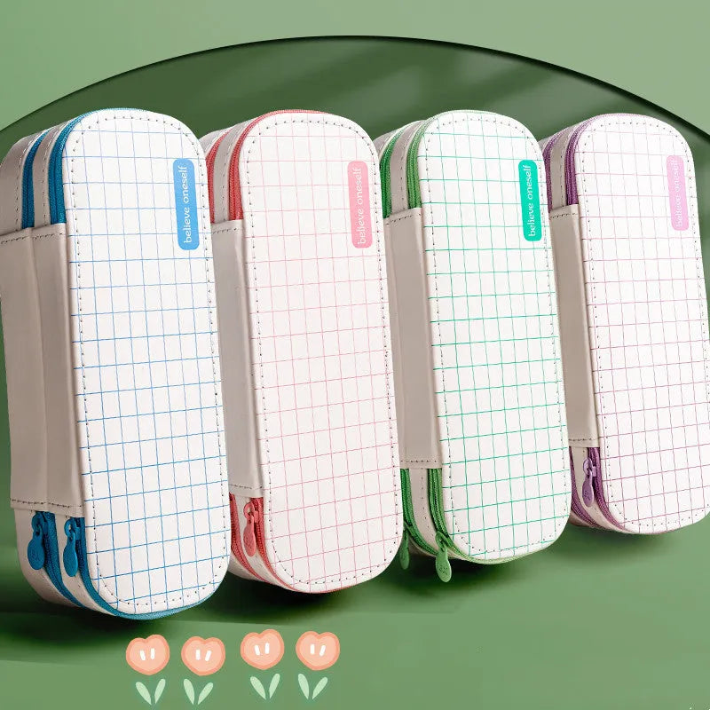 Simple pencil case box in light pink with DIY stickers and class schedule for school stationery organisation