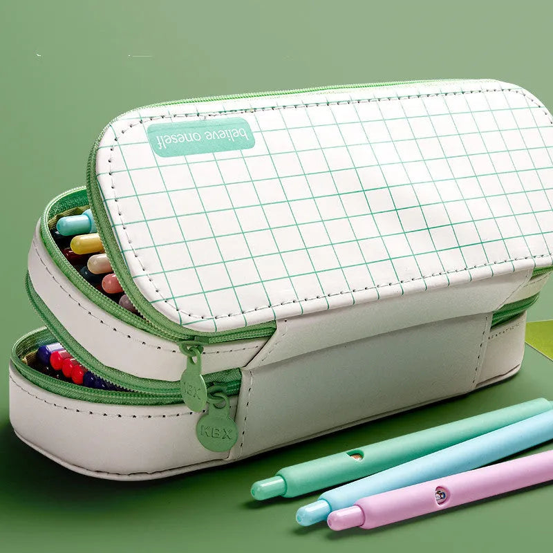 Simple pencil case box in light pink with DIY stickers and class schedule for school stationery organisation