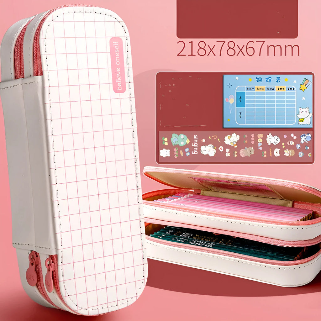 Simple pencil case box in light pink with DIY stickers and class schedule for school stationery organisation