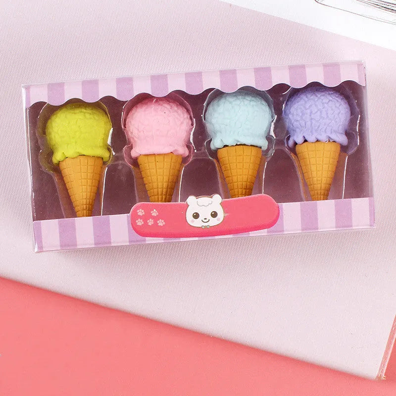 Set of 12 colourful cartoon erasers shaped like ice cream cones, donuts, and lollipops for children