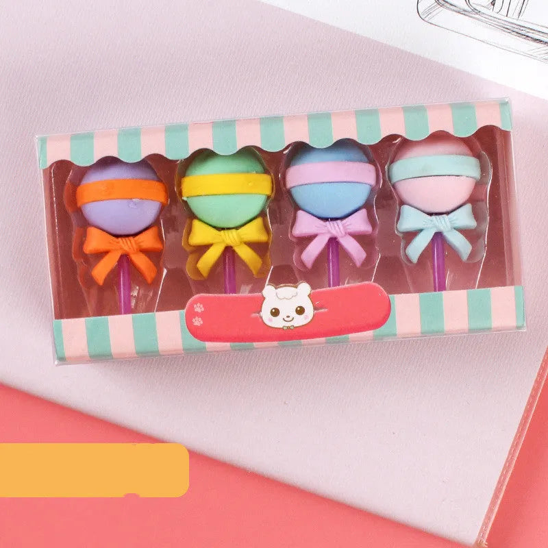 Set of 12 colourful cartoon erasers shaped like ice cream cones, donuts, and lollipops for children